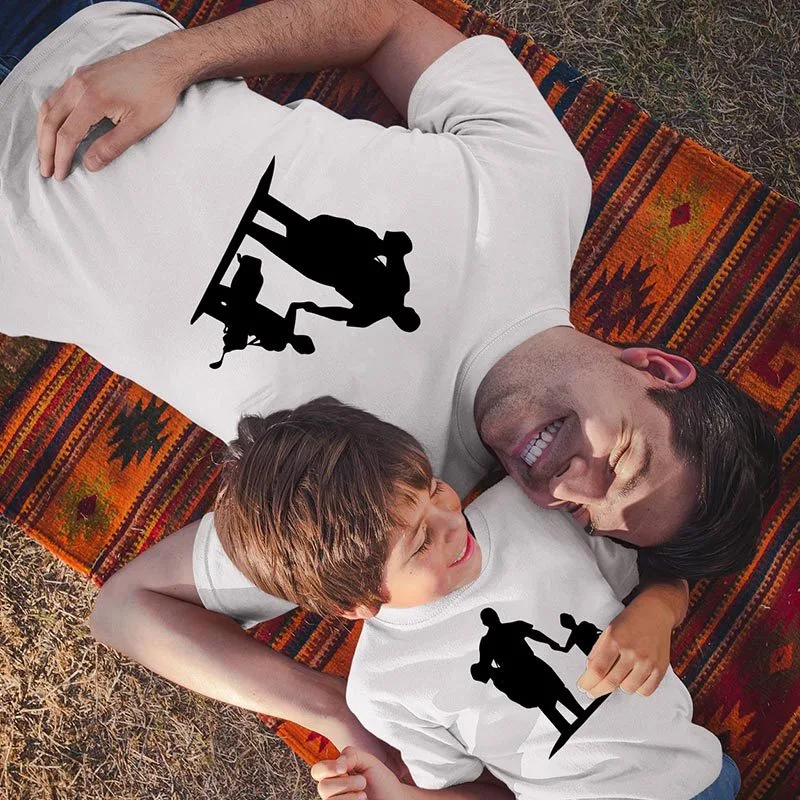 Father And Son Golf Cartoon Print Casual Letter Crew Neck Top