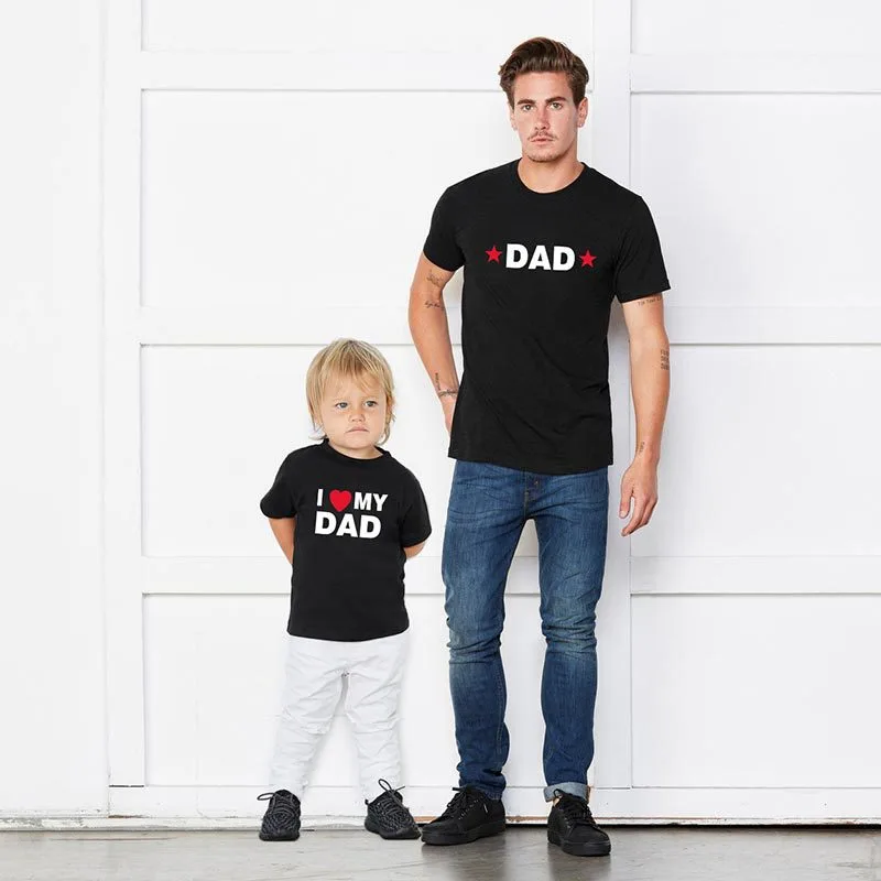 Western Style Black Short-Sleeved T-Shirt Father And Son Star Pattern Alphabet Summer Dress