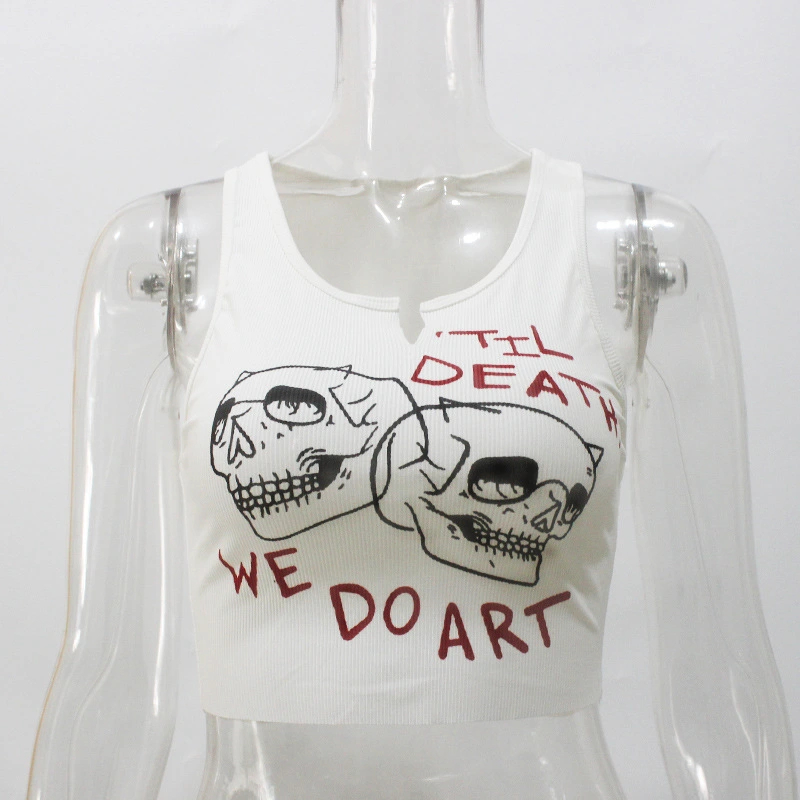 Letter Skull Print White Short V-neck Thin I-shaped Vest Top
