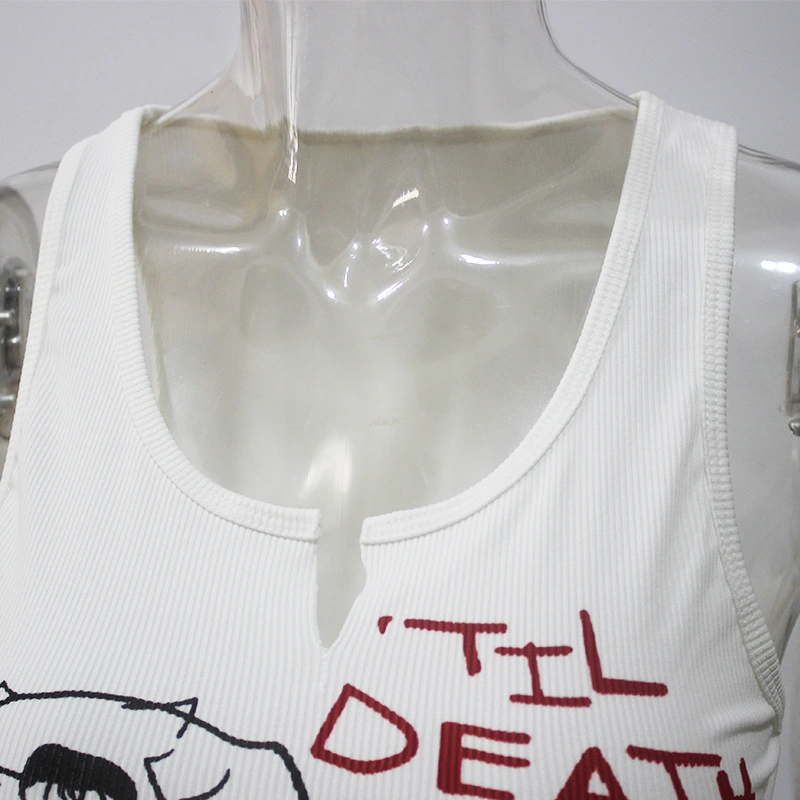 Letter Skull Print White Short V-neck Thin I-shaped Vest Top
