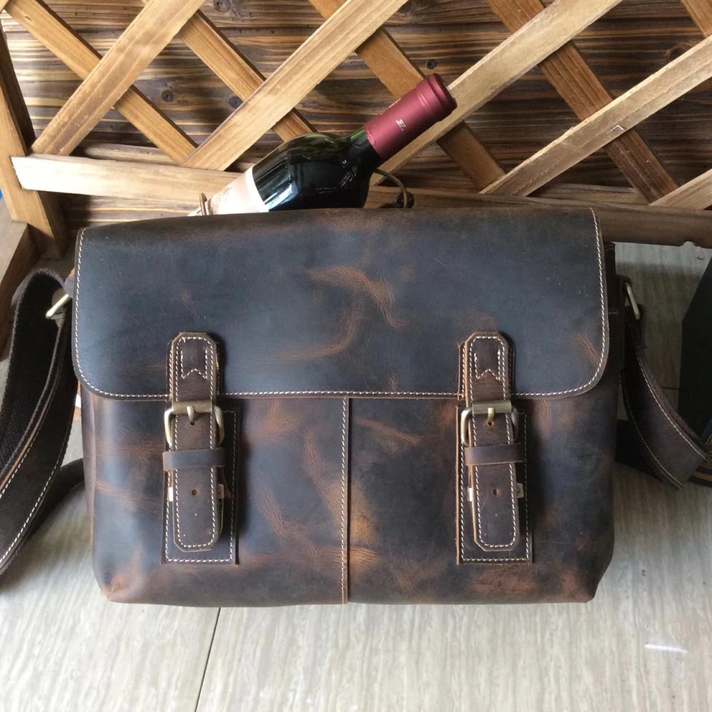 Men's Crazy Horse Leather Top Layer Cowhide Messenger Bag