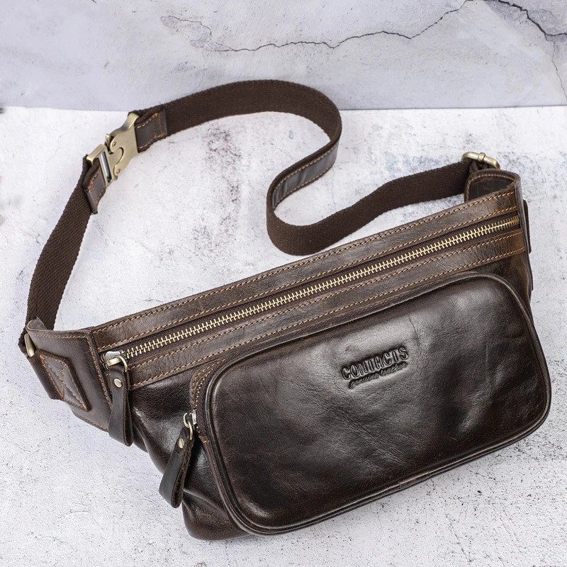 First Layer Cowhide Men's Waist Bag Sports Outdoor Men's Casual Chest Bag