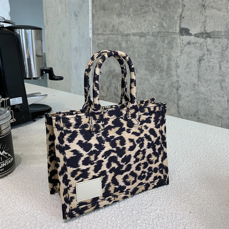 Leopard Print Tote Bag Canvas Wide Shoulder Strap Handy Shoulder Bag