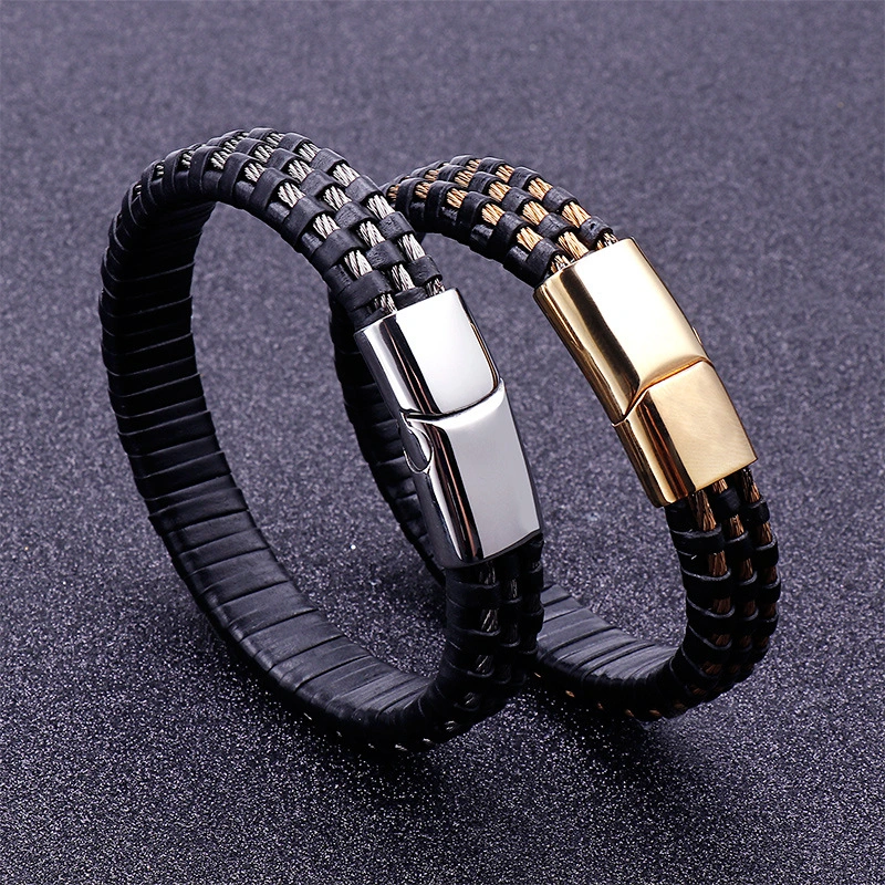 Multiple Twisted Steel Wire Rope Braided Leather Bracelet