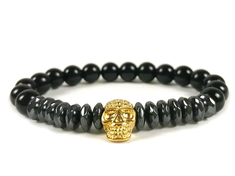 Natural Color-preserving Black Gallstone Stainless Steel Skull Northskull Bracelet