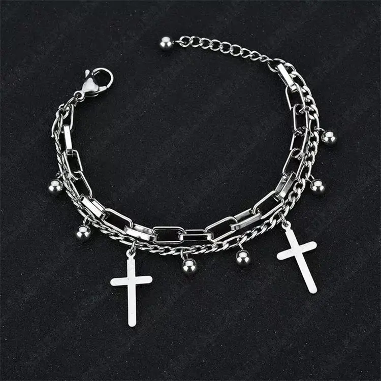 Fashion All-match Metal Double-layer Cross Pendant Multi-layered Bracelet