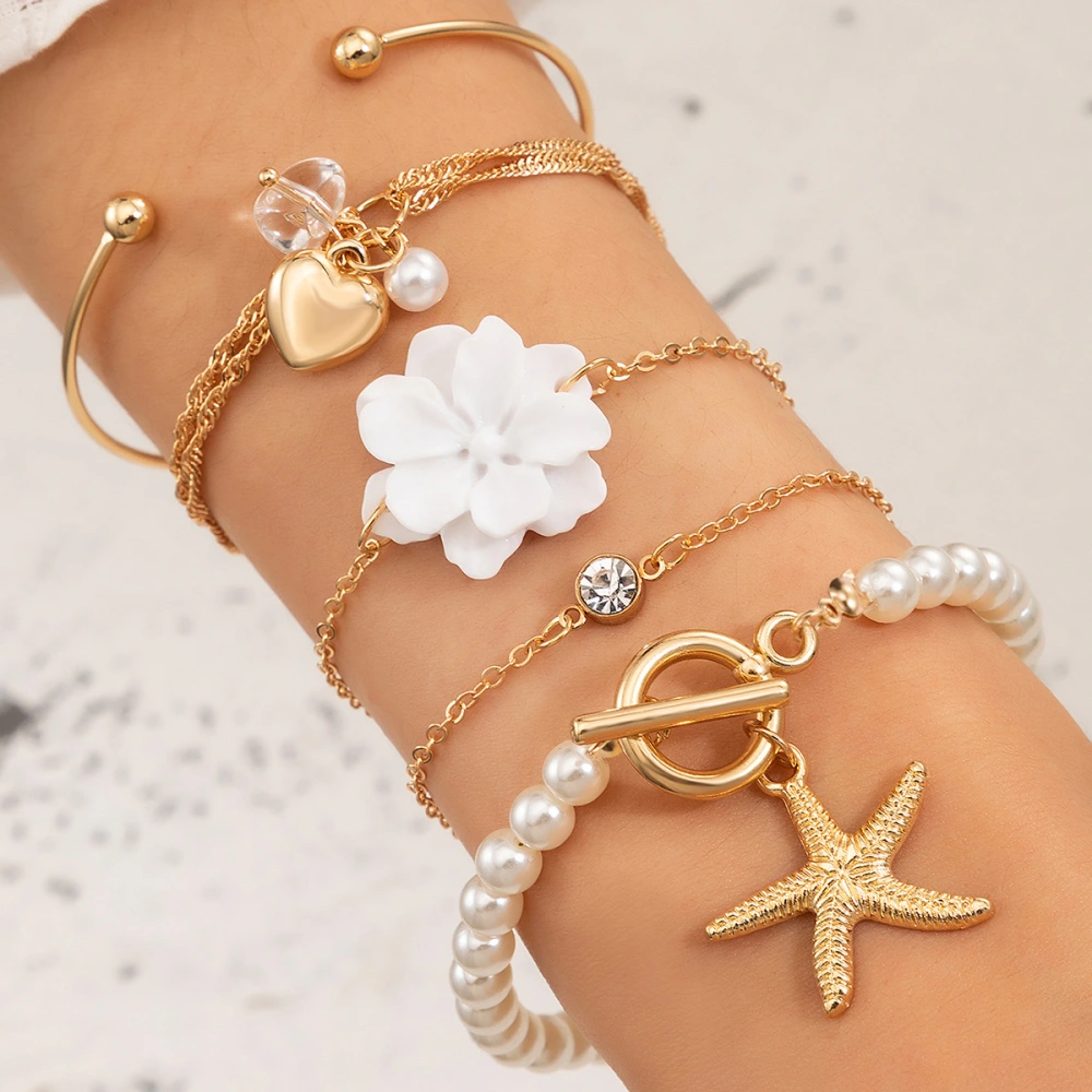 White Flower Love Starfish Pendant Pearl Bracelet 5 Piece Set Female