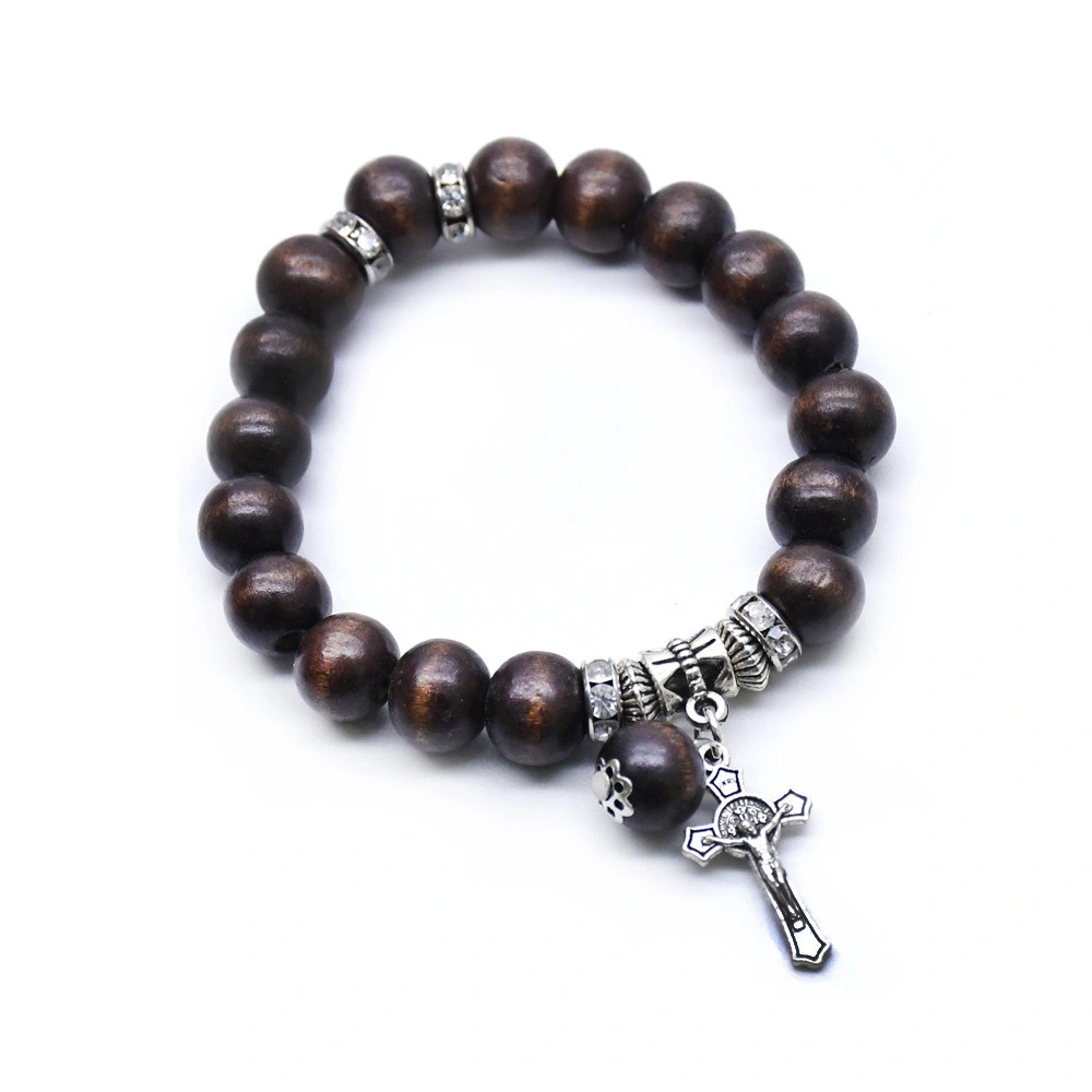 Popular Coffee Color Wooden Bead String Cross Bracelet