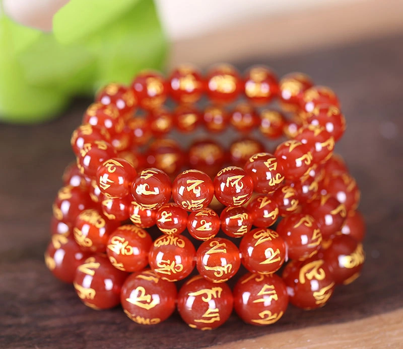 Natural Red And Black Agate Single Circle Six-character Mantra Agate Bead Bracelet