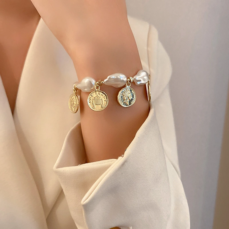 Geometric Irregular Pearl Coin Medal Bracelet