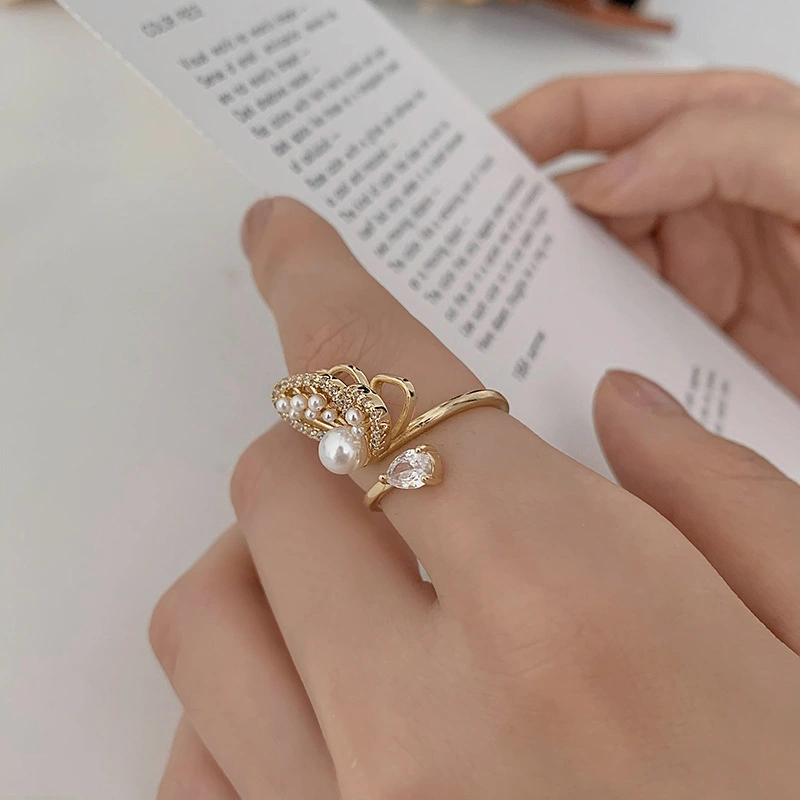 Micro-set Zircon Pearl Butterfly Adjustable Ring