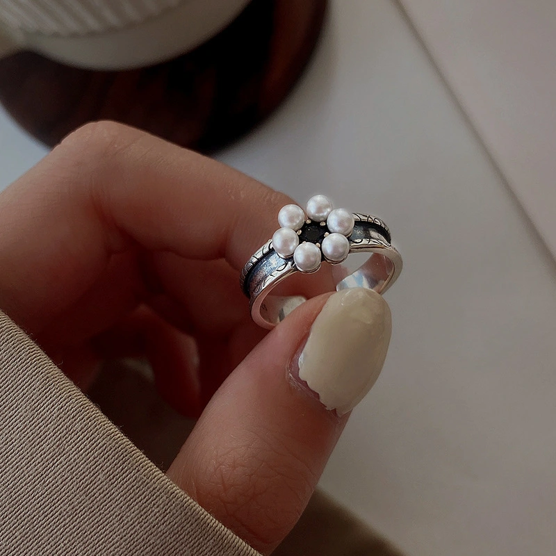 Fashion S925 Silver Delicate Pearl Flower Ring