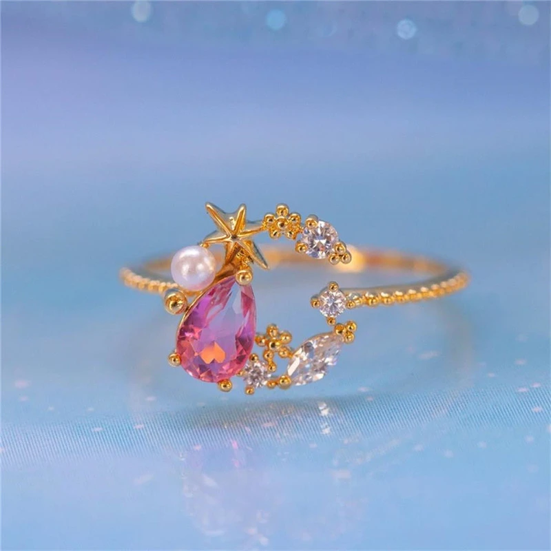 18K Gold Color Preserving Color Zircon Star Moon Ring