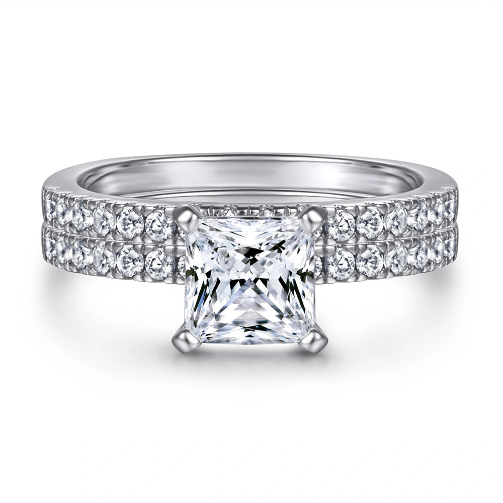 925 Sterling Silver Square Diamond Princess Simple Personality 18K Couple Two-in-one Set Ring