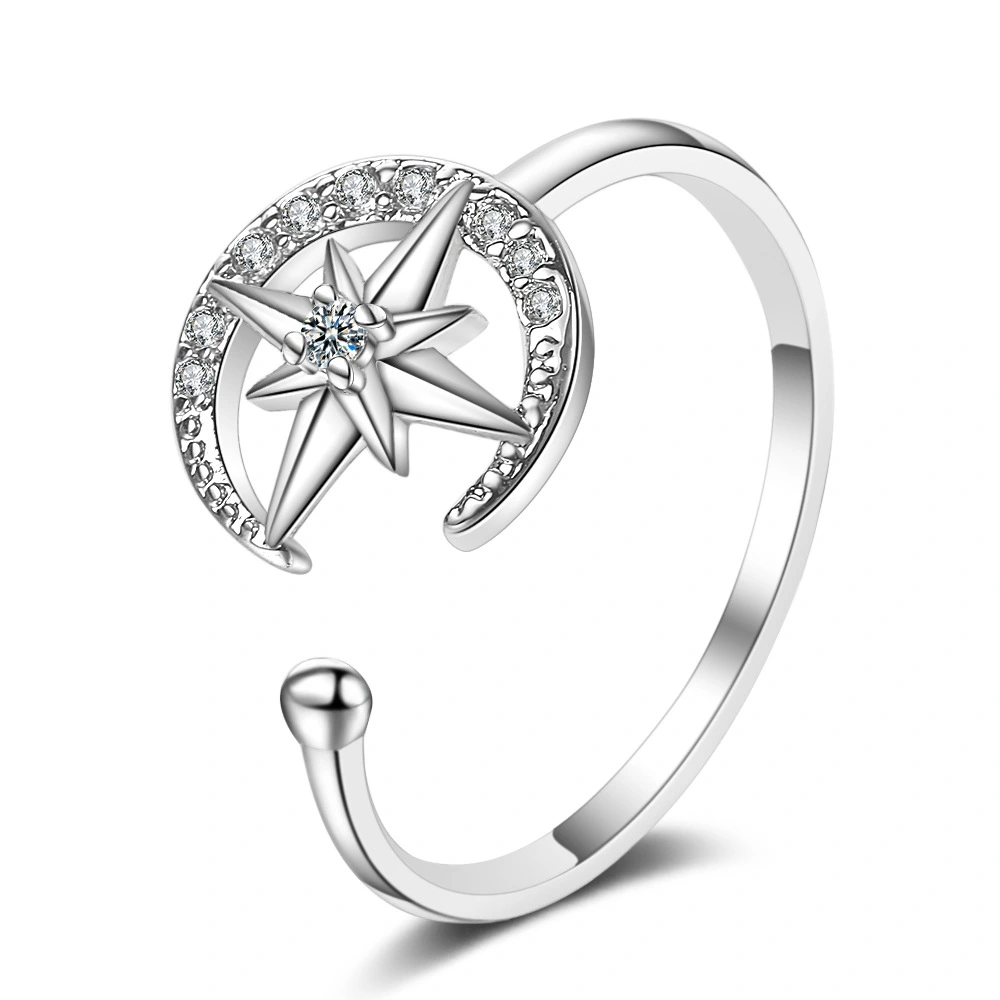 Female Japanese Style Simple Diamond Star Moon Ring