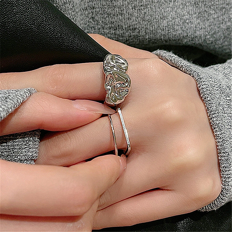 Two-piece Pleated Irregular Silver Ring