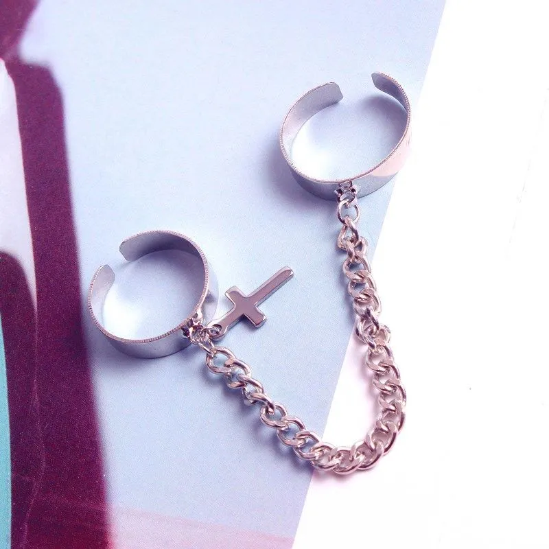 Male And Female Students Personality Hip-hop Cross Chain Two-finger Ring