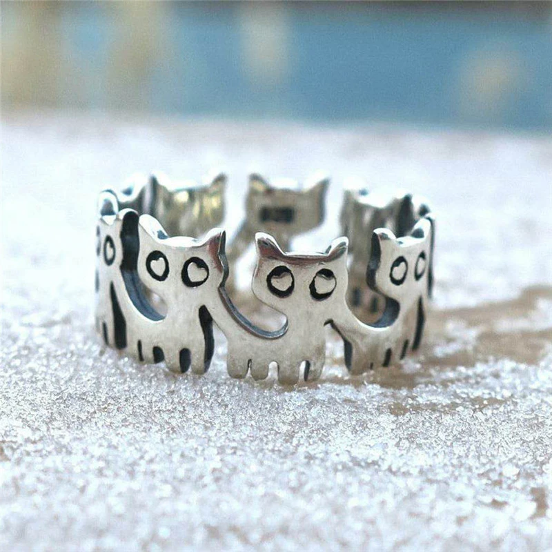 Europe And America Plated S925 Retro Thai Silver Black Cute Cat Ring