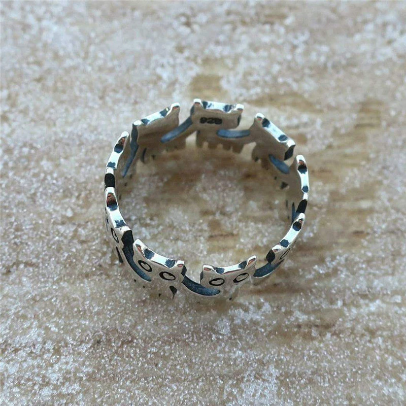 Europe And America Plated S925 Retro Thai Silver Black Cute Cat Ring