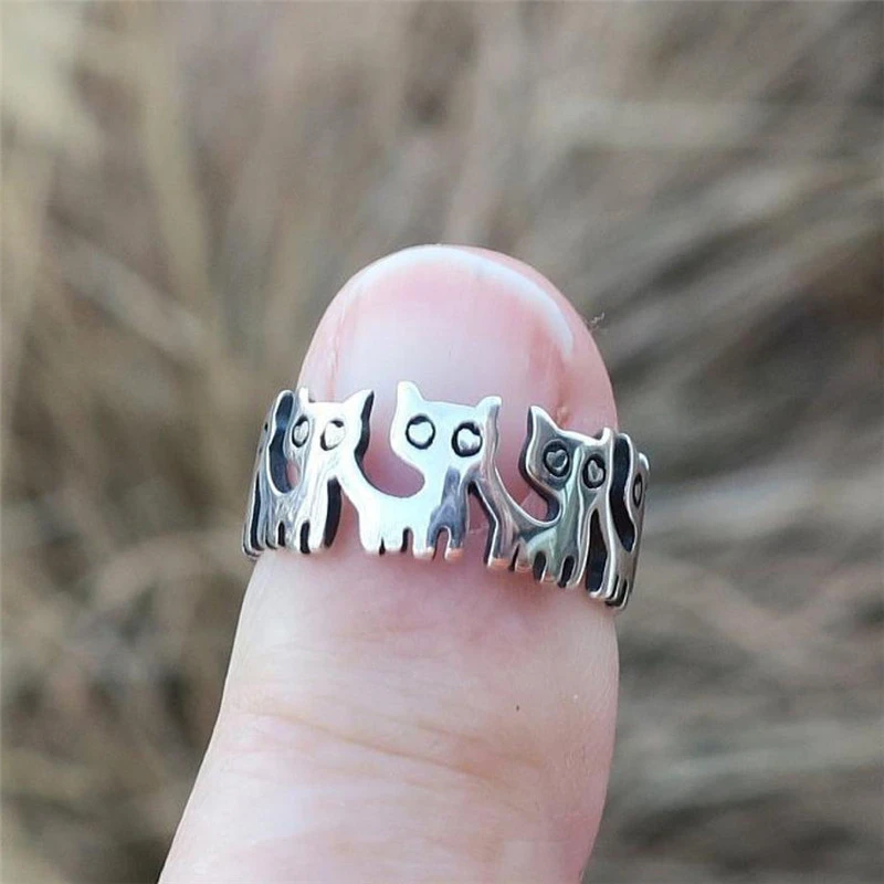 Europe And America Plated S925 Retro Thai Silver Black Cute Cat Ring
