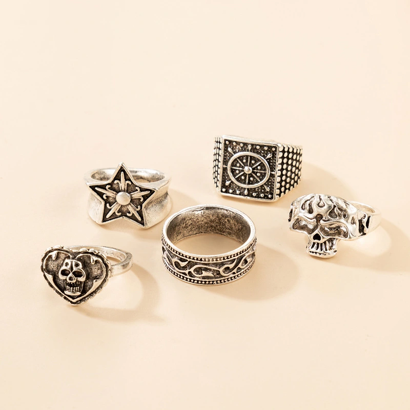 Hip-hop Punk Skull Five-pointed Star Love Halloween 5-piece Ring