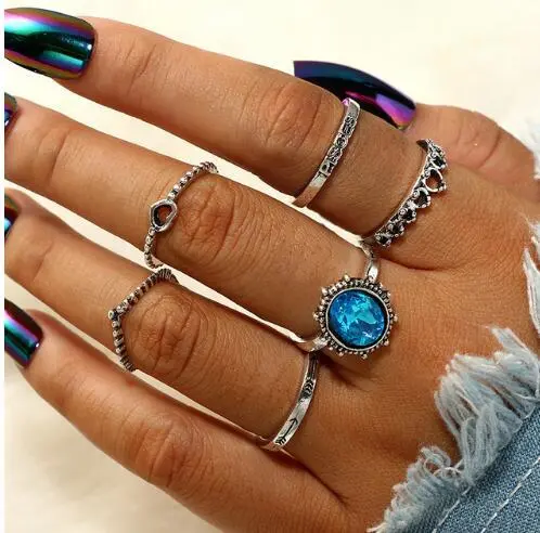 Stone Letters Heart-shaped Crown 6-piece Ring Set