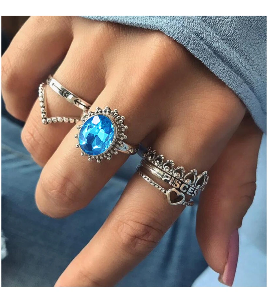 Stone Letters Heart-shaped Crown 6-piece Ring Set