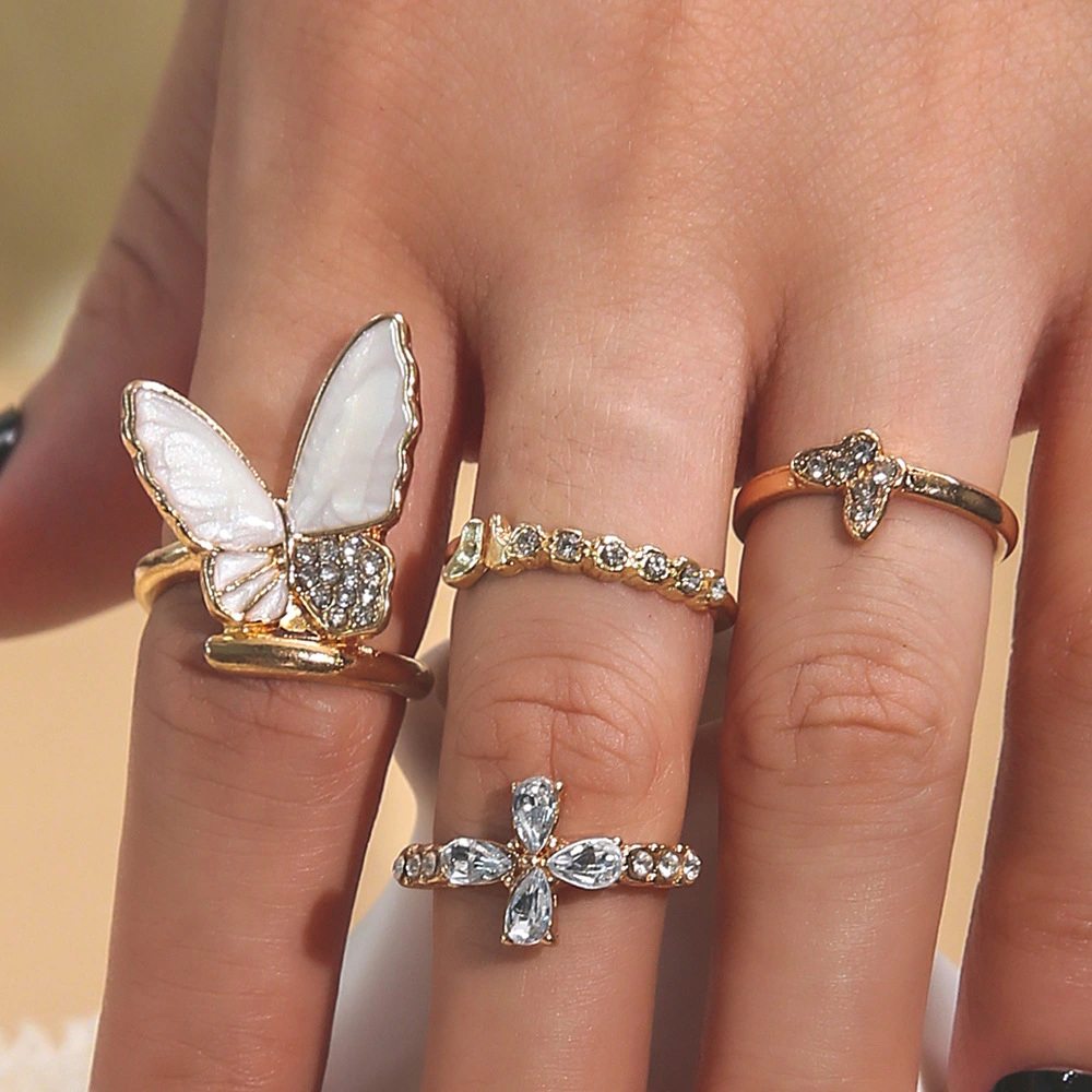 Fashion Butterfly Exquisite Diamond Personality Simple 4-piece Combination Set Ring Female