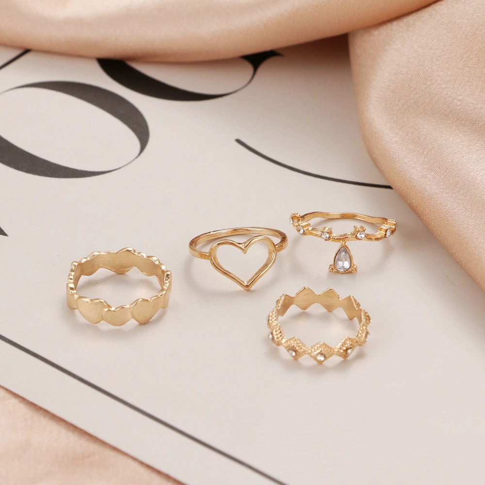 Love Heart-shaped Diamond Geometric Golden Ring Set