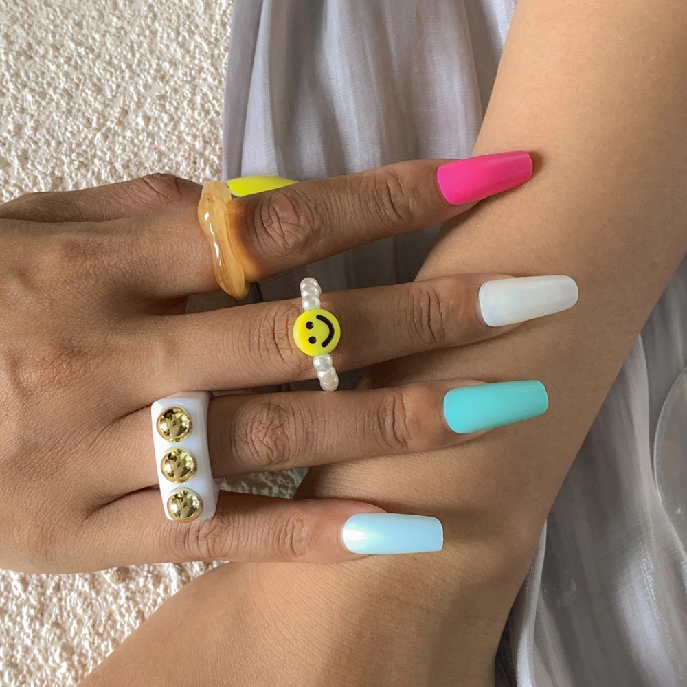 Personality Geometric Multi-color Smiley Pearl Set Ring