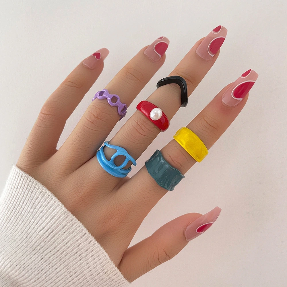 Six-piece Alloy Spray Paint Geometric Personality Simple Ring Set