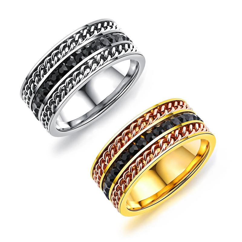 The New Three-row Large Wide Cable Chain Black Diamond Ring