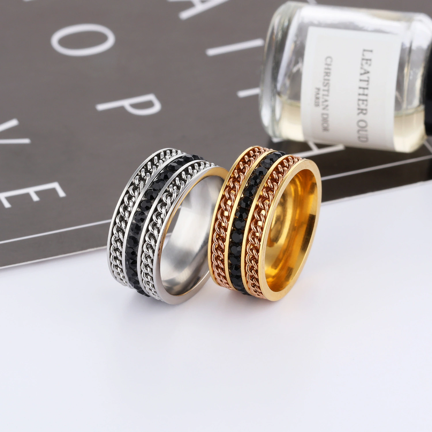The New Three-row Large Wide Cable Chain Black Diamond Ring