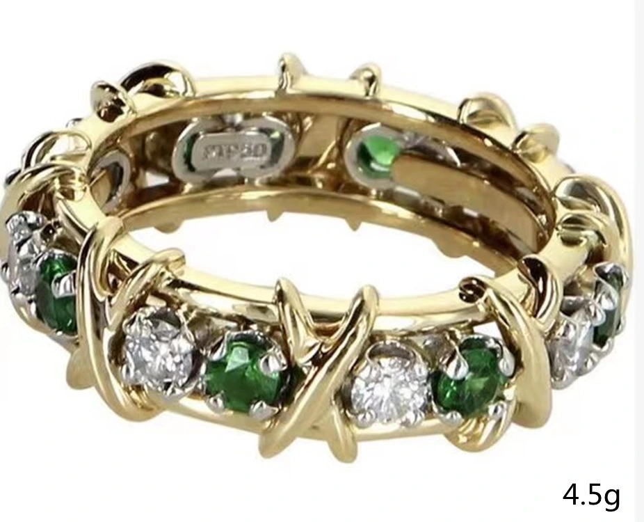 Bundled Gold Hollow Inlaid Green And White Rhinestone Ring