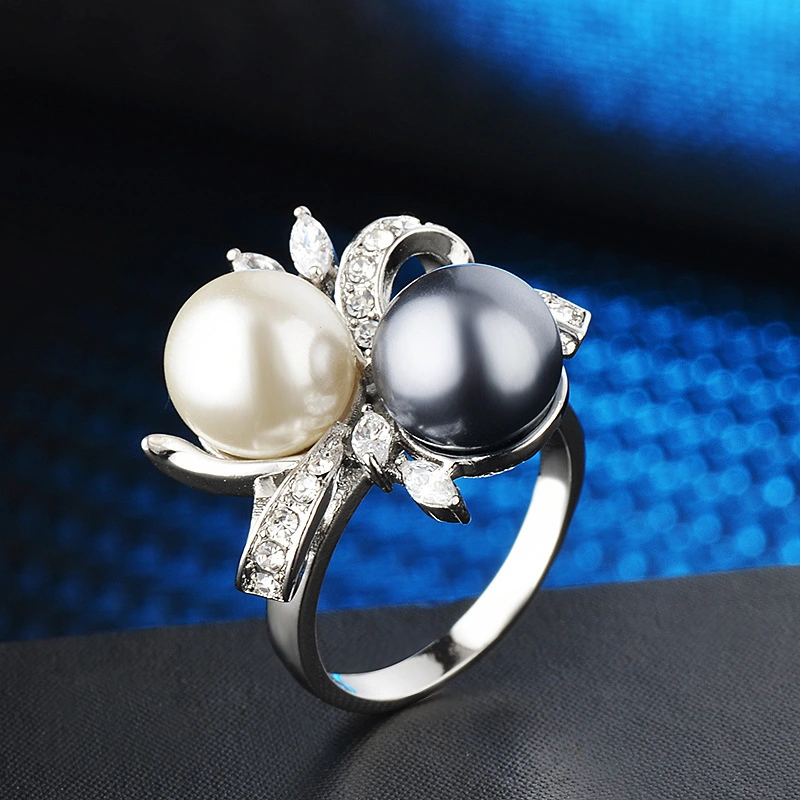 Fashion Creative Two-tone Pearl Flower Ring Female Index Finger