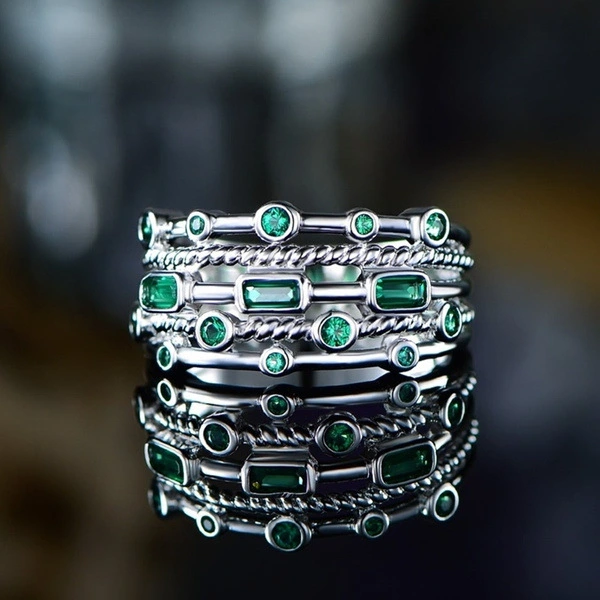 Multi-layered Green Gemstone And Diamond Ring