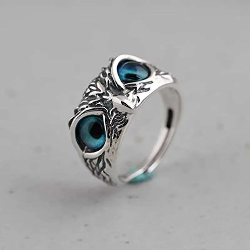 Plain Silver Retro Blue Glasses Owl Jewelry Ring Men And Women Design Owl Ring
