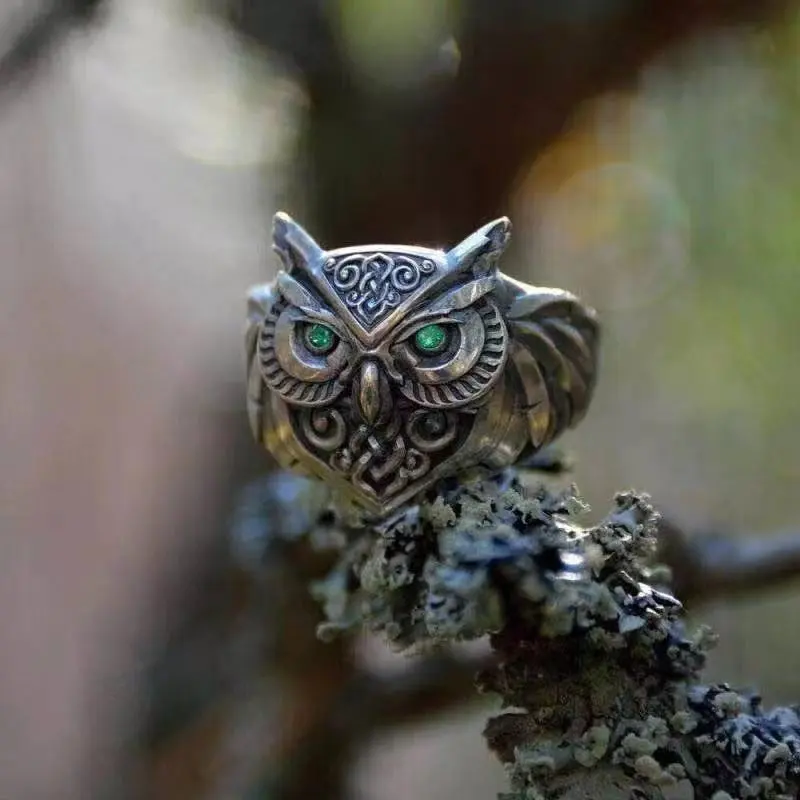 Plain Silver Retro Blue Glasses Owl Jewelry Ring Men And Women Design Owl Ring