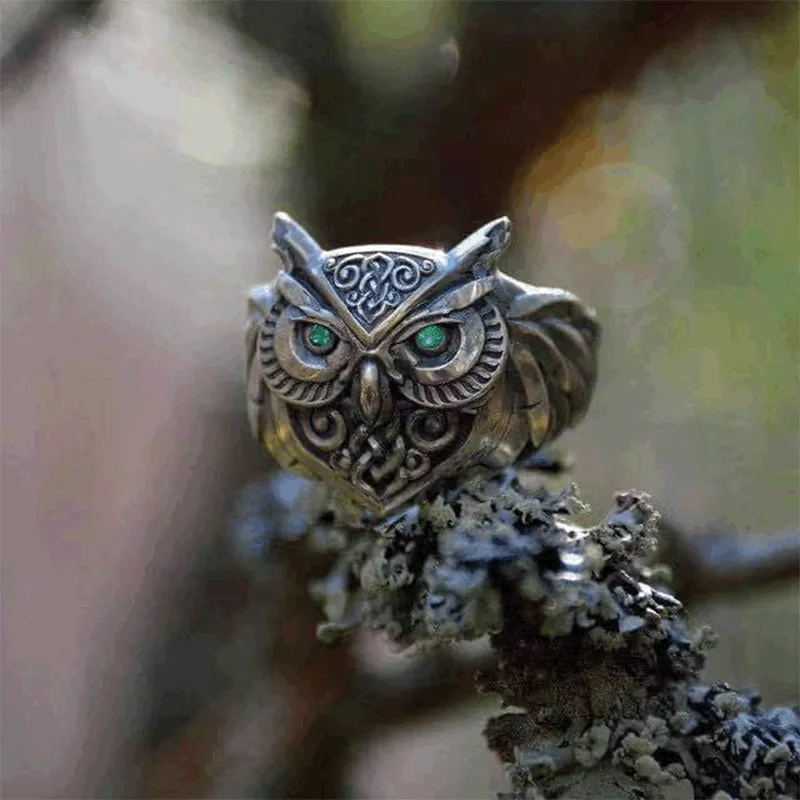Net Red Vintage Animal Owl Ring Hip Hop Carved Pattern Alloy Ring