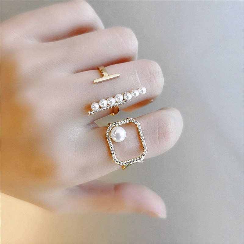 Design Ring Micro-set Zircon Hollow Square Pearl Ring