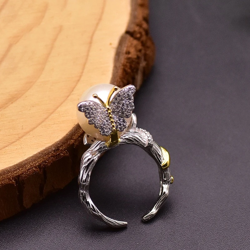 925 Silver Natural Freshwater Pearl Vintage Butterfly Ring