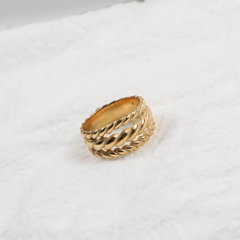 Titanium Steel Gold Plated Vintage Wide Thread Ring