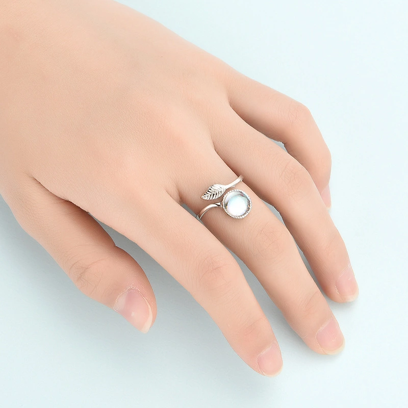 New Hot-selling Moonstone Feather Alloy Adjustable Ring