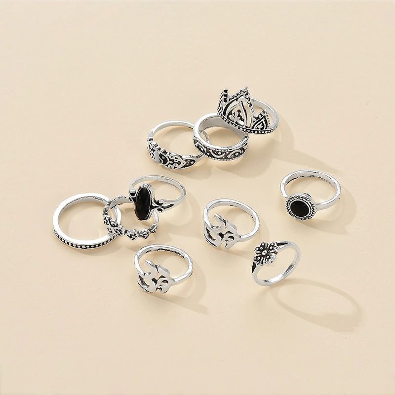 Retro  Geometric Alloy Joint Ring 10-Piece Set Europe