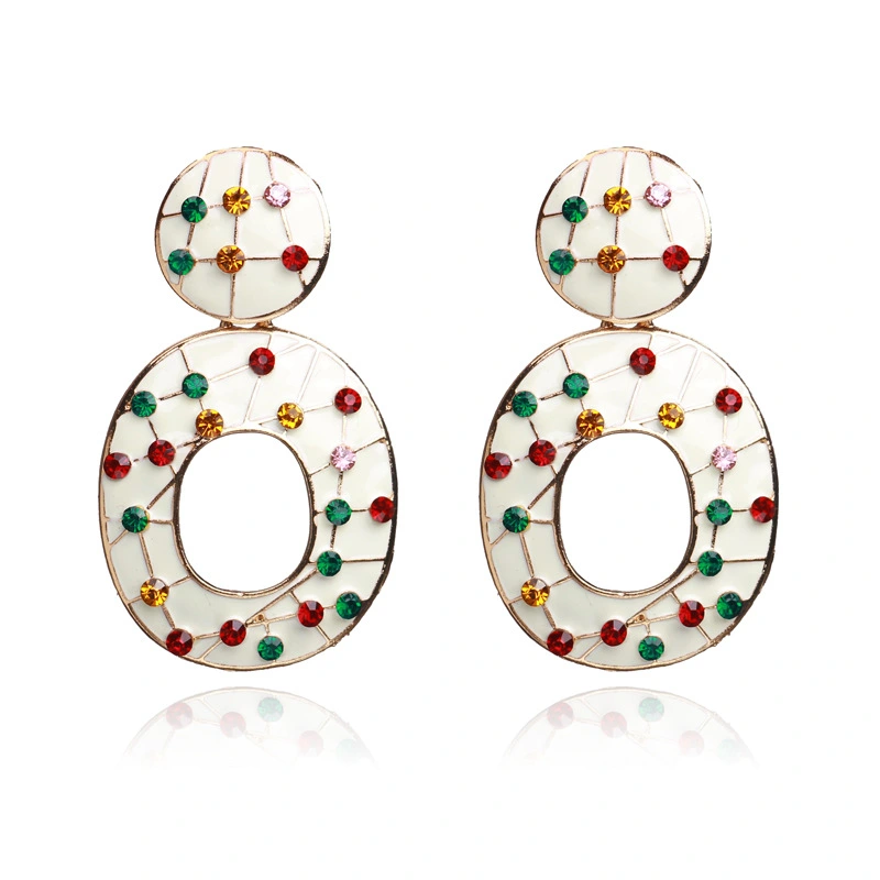 Color Rhinestone Earrings Retro Alloy Paint Hit Color Oval Earrings