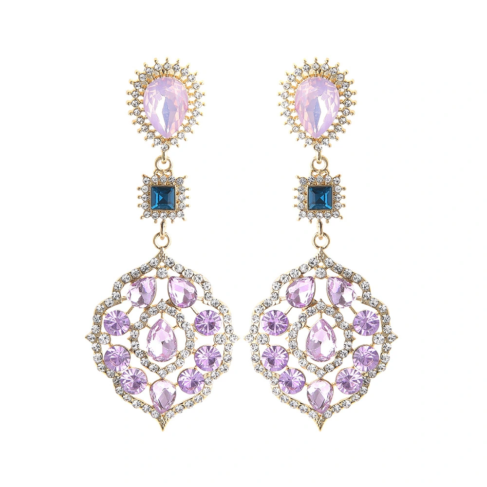 European And American Personality Temperament Retro Hollow Palace Style Fashion Purple Crystal Earrings