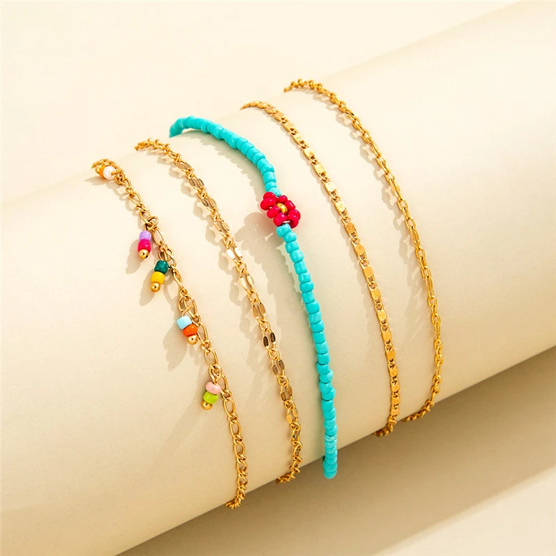 Fashion Simple Color Rice Beads Small Red Flower Trend Chain