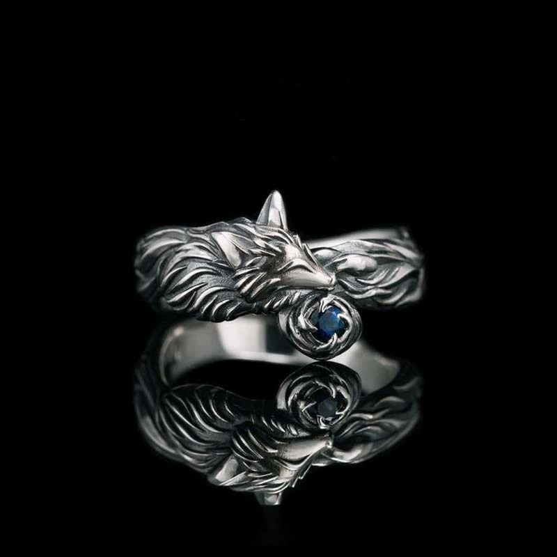 Vintage Blue Crystal Fox Animal Ring European And American Women's Punk Index Finger Ring Creative Jewelry