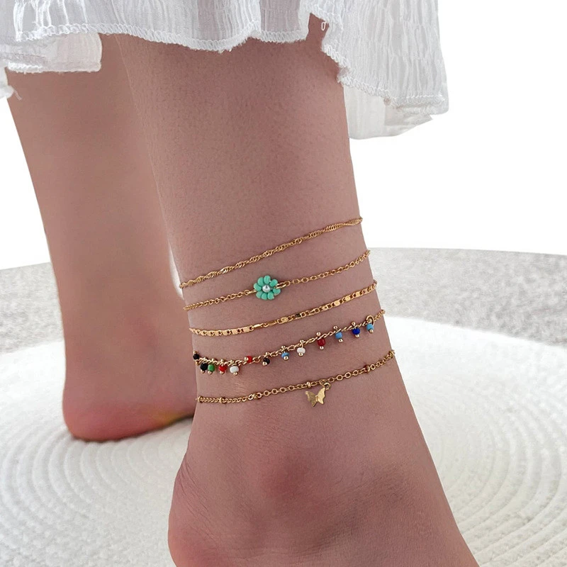 Bohemian Style Fashion Color Rice Bead Chain Butterfly Flower Anklet Five-piece Set