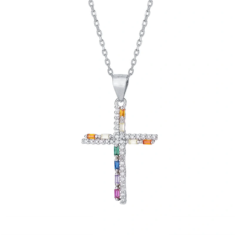 Fashion Pendant Rainbow Micro Diamond Cross Necklace